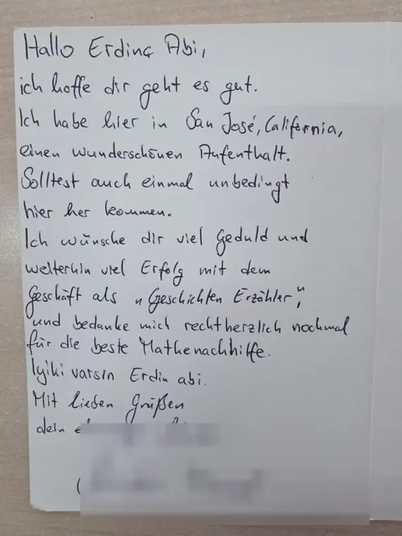 Ein ehemaliger Schüler bedankt sich aus San José noch einmal für seine Mathematik-Nachhilfe.
