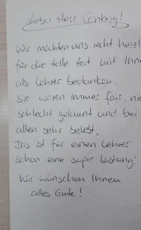 Persönlicher Dank für die Begleitung als Lehrer.
